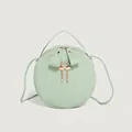 Light green round crossbody bag with woven texture and gold flamingo charm detail - Green