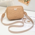 Beige quilted crossbody camera bag with butterfly ornament and wide canvas strap - Apricot