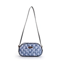 Borsa a tracolla a scacchi blu e bianchi con placca dorata e tracolla sottile nera - Quadri Blu