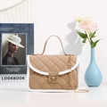 Quilted khaki and white crossbody bag with gold buckle and chain shoulder strap - Khaki