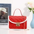 Red and white quilted leather crossbody bag with gold chain and metal buckle - Red