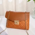 Brown quilted mini crossbody bag with gold chain strap and elegant metallic square lock - Brown