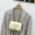 Beige woven crossbody bag with gold deer head detail and long tassel fringe - Apricot