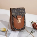 Elegant vertical square crossbody mobile phone bag with heart lock and monogram print - Brown