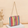 Colorful woven straw shoulder bag with multi-colored vertical stripes and gold chain strap - Colorful