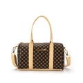 Classic Boston handbag with brown geometric prints and beige leather handles - Coffee