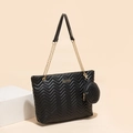 Black chevron quilted tote bag with golden chain strap and a detachable coin purse - Black