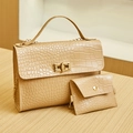 Beige crocodile embossed handbag set with mini coin purse and golden hardware accents - Apricot