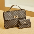 Brown handbag set with geometric pattern, golden chain, and matching mini clutch bag - Coffee