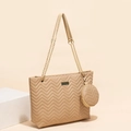 Beige quilted shoulder tote bag with zigzag embroidery and round coin purse accessory - Apricot