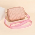 Pink heart quilted camera crossbody bag with wavy stitching and adjustable strap - Pink