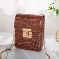Elegant brown crocodile embossed mini crossbody bag with a fine gold chain strap - Brown