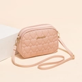 Pink heart quilted camera bag with double zippers and gold metal logo detail - Pink