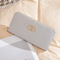 Light grey quilted leather wallet with gold metal buckle and zipper closure - Gray