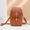 Brown quilted crossbody phone bag with golden crown ornament and pearl charm detail - Brown