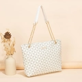 White and grey geometric pattern tote bag with gold chain shoulder straps and white handles - Triangle White