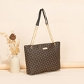 Brown and black geometric triangle print tote bag with gold chain strap detail - Triangle Coffee