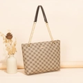 Beige floral pattern tote bag with gold chain strap and metallic brand plate - Khaki