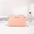 Pink quilted chain crossbody bag with gold Sunnygitty logo in minimalist setting - Pink