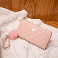 Pink quilted long wallet for women with butterfly buckle and soft faux fur pompom - Pink