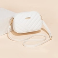 Quilted white crossbody camera bag with elegant chevron patterns and gold hardware details - White