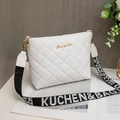 White quilted bucket bag with golden logo and stylish patterned wide shoulder strap - White