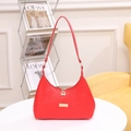 Elegant red chevron quilted underarm bag with gold metal plaque and sleek leather strap - Red
