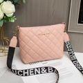 Pink quilted bucket bag with stylish wide letter-print strap and gold logo hardware - Pink