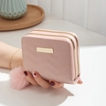 Short pink wave-stitched quilted wallet for women with pompom and double zipper - Pink