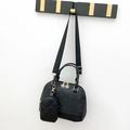 Black quilted Boston handbag set with matching round coin purse and wide strap - Black