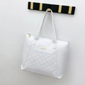 White quilted tote bag with gold logo plate and floral zipper detail for women - White
