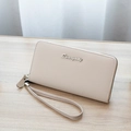 Elegant beige leather long wallet with lychee pattern and wristlet strap for women - Off White