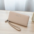 Women's long leather wallet in beige with lychee texture and convenient wrist strap - Apricot
