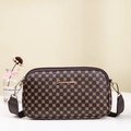 Brown camera crossbody bag with golden clover embroidery and double zipper - Coffee Print