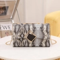 Crossbody bag with gray python print, gold chain strap and geometric hardware buckle - Khaki