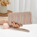 Portefeuille tissé coloré avec pompon rose et dragonne assortie pour femmes - Rose