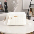 Fashionable white quilted crossbody bag with wide fabric strap and gold metal hardware - White