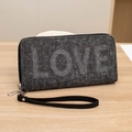 Denim clutch wallet with sparkling rhinestone LOVE lettering and wrist strap - Black