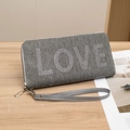 Gray denim long wallet with LOVE rhinestone embellishment and matching wrist strap - Gray