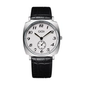 Detail of GEDI tonneau watch featuring a white dial, small second hand, and black leather strap - Numeric Silver Case White Dial Black Strap (Men's)
