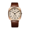 Detail of rose gold square watch with brown leather strap and small second hand dial - Numeric Rose Gold Case Rose Dial Brown Strap (Men's)