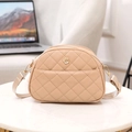 Beige quilted messenger bag with gold camellia logo and adjustable strap - Khaki