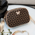 Borsa a tracolla con stampa geometrica marrone, farfalla e tracolla in nylon - caffè