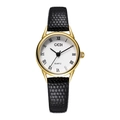 Close-up of vintage gold watch face with Roman numerals and black leather strap - Black Leather Strap Gold Case White Dial