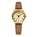 Detailed macro view of GEDI gold quartz watch with Roman numerals and brown leather strap - Light Brown Leather Strap Gold Case Gold Dial