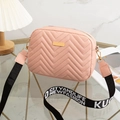 Pink chevron quilted crossbody bag with golden hardware and wide sporty lettered strap - Pink