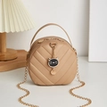 Beige V-pattern crossbody bag with cat charm and gold chain strap for women - Khaki