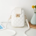 Quilted white crossbody phone bag with gold lock and adjustable strap in a stylish setup - White