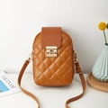 Caramel brown quilted crossbody bag with rhombic pattern and gold hardware - Brown