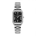 Gedi silver square watch with black dial, Roman numerals and steel bracelet - Black Dial Silver Band
